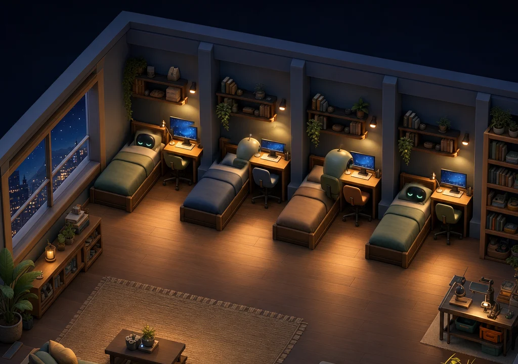 Small robots in their shared room: two asleep in bed, two working at their desks